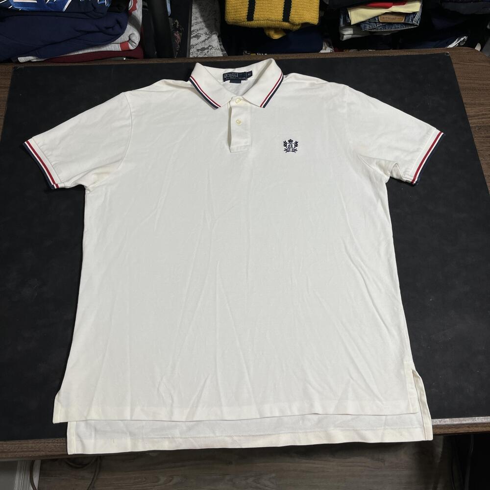 Polo Ralph Lauren Polo Shirt Vintage Royal Crest Logo Tipped Collar Pique Cotton